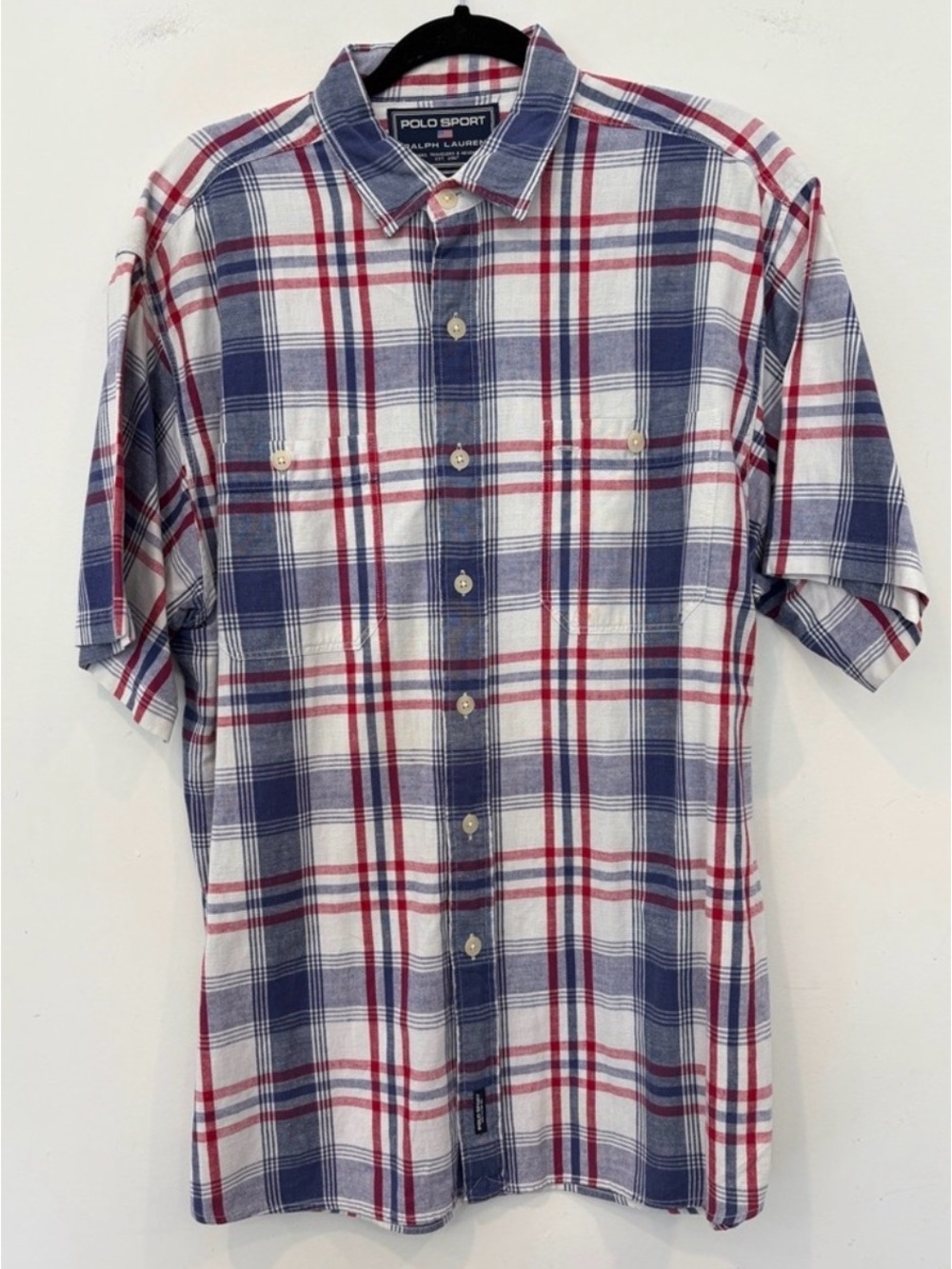 Mens Polo Sport, Red/White/Blue SS button up, Like new, size Large